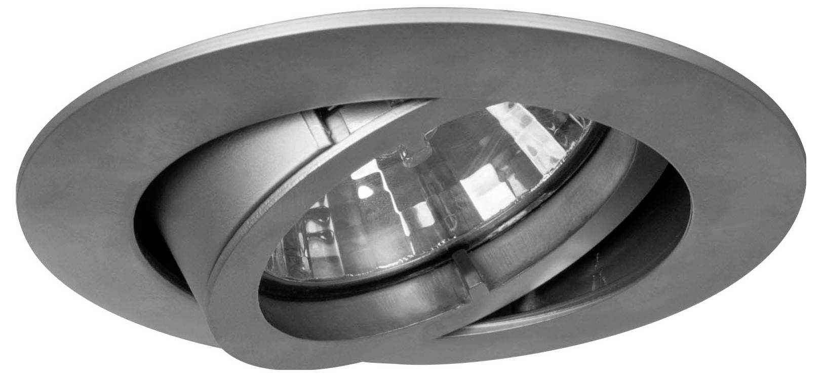 En rund, modern infälld takarmatur med metallisk finish och justerbar inre ring, utformad för riktad belysning.