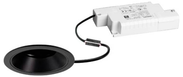 Nedsänkt LED-spotlamp med bifogad vit drivrenhet och svart kabel på vit bakgrund.