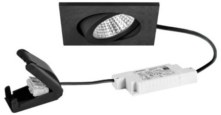 Svart inbyggd LED-spotlampa med separat drivare och anslutningskabel, visad som ett belysningskit på vit bakgrund.