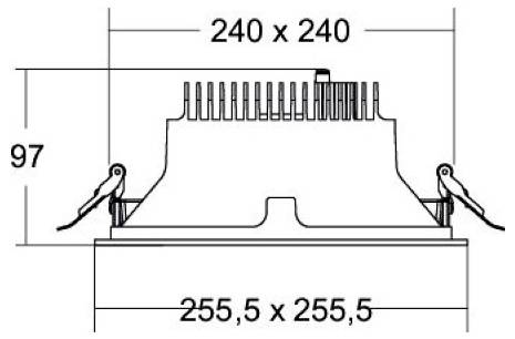 Teknisk ritning av en kvadratisk lamparmaturfördela med dimensioner: 240 x 240 topp, 255,5 x 255,5 bas och 97 höjd, med sidiga monteringsklipp.