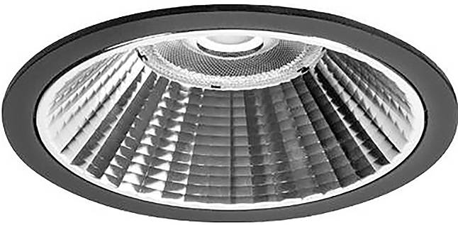 Takmonterrad rektangulär neddunken lampa med reflekterande inre yta och ett metallgitter för förbättrad ljusspridning.