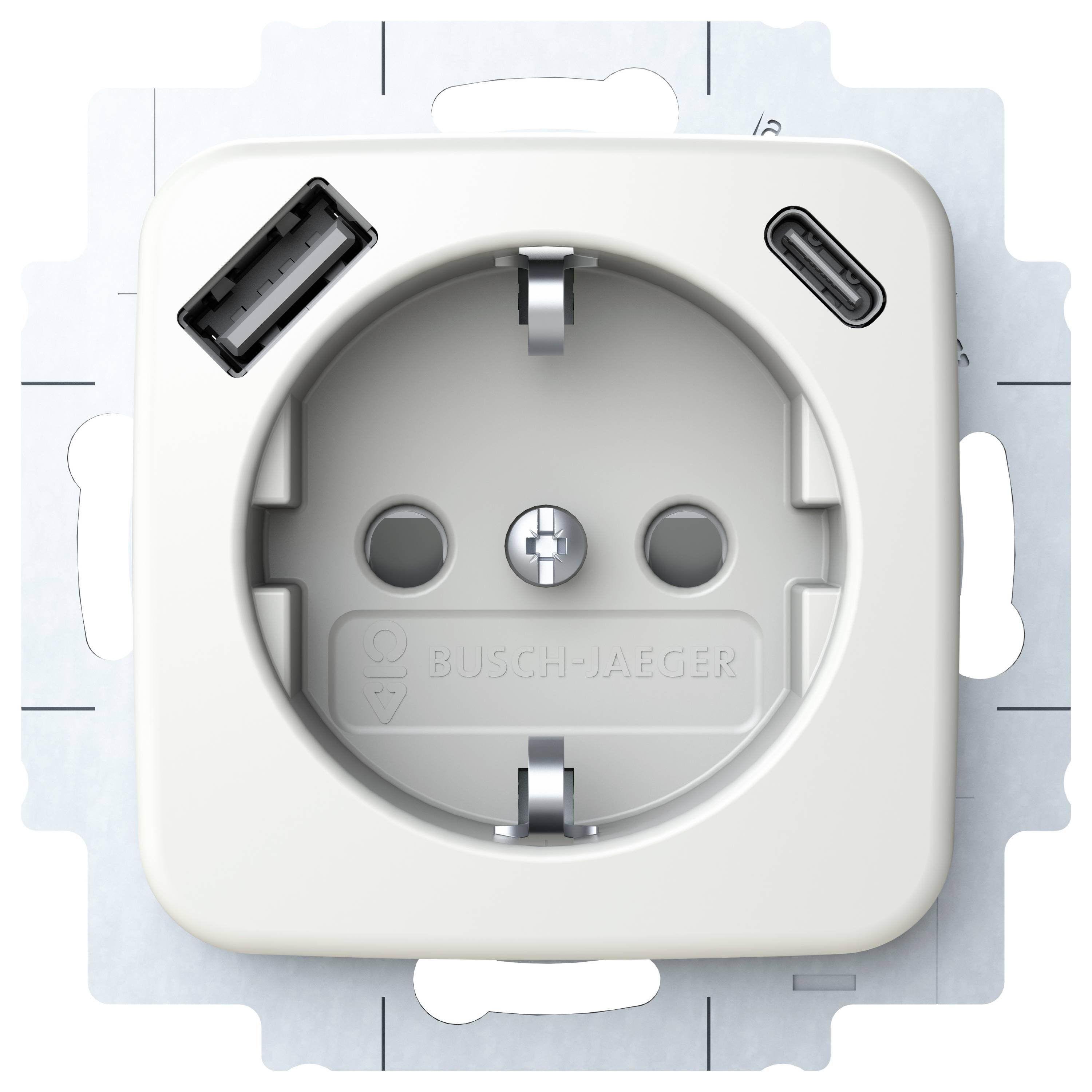 Elektrisk vägguttag med integrerade USB-A och USB-C-portar, som möjliggör samtidig laddning av enheter utan adaptrar.