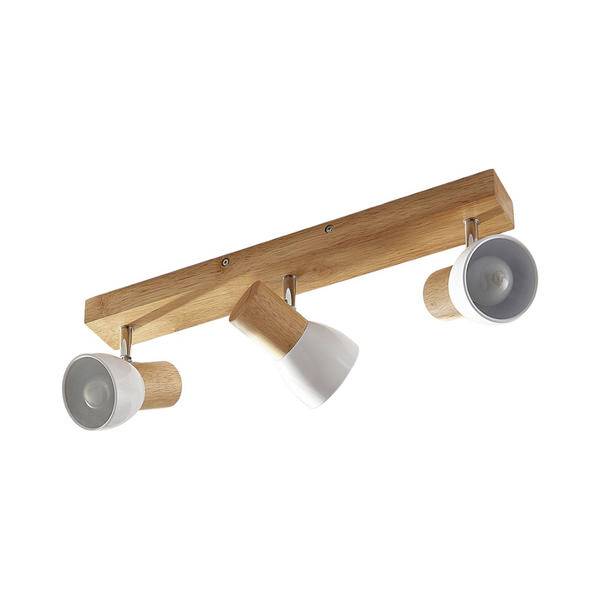 Trätak-spårbelysning med tre justerbara spotlights på vit bakgrund.