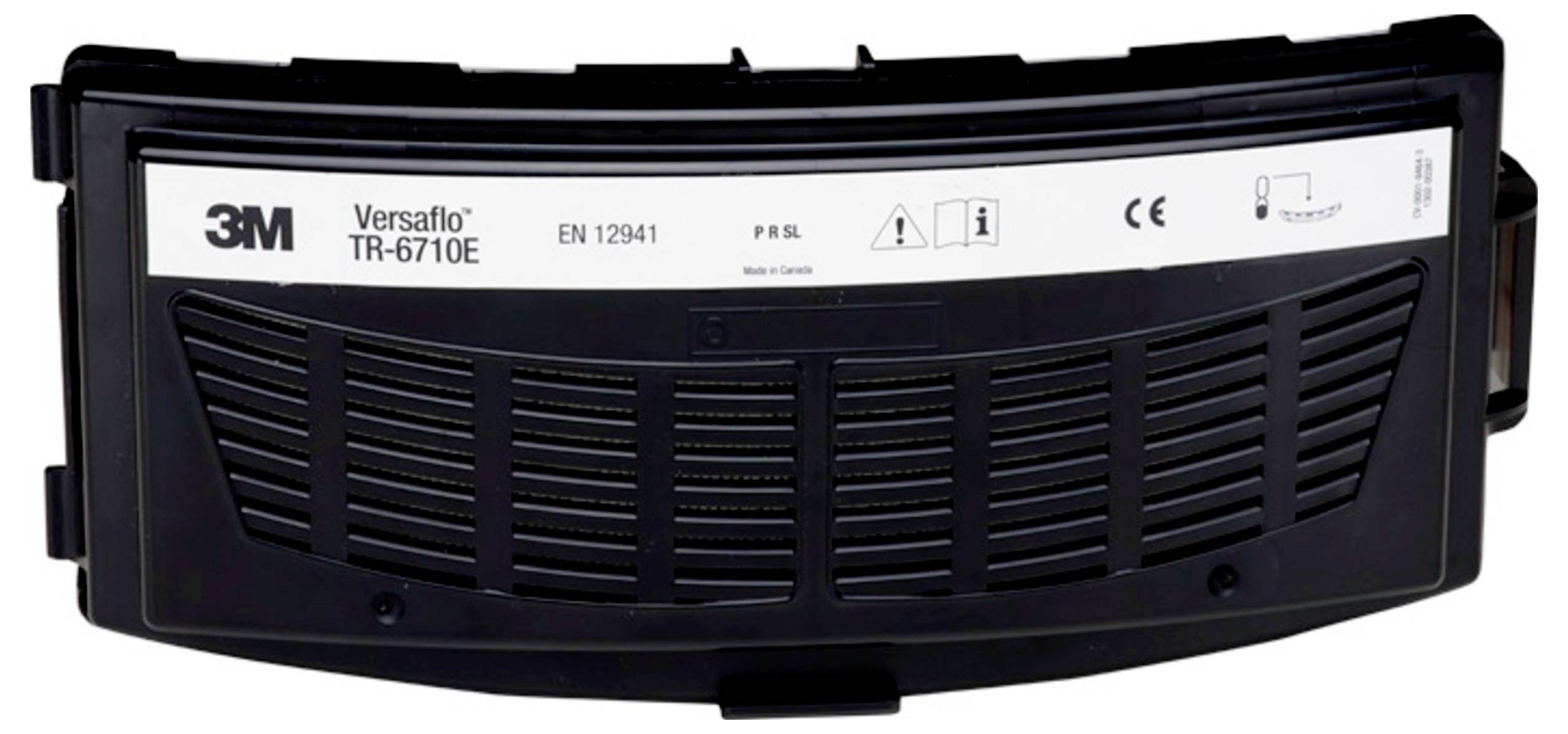 En 3M Versaflo TR-6710E-filter märkt med "EN 12941" och "P SL", försedd med certifieringssymboler och användarriktningsindelicatorer.