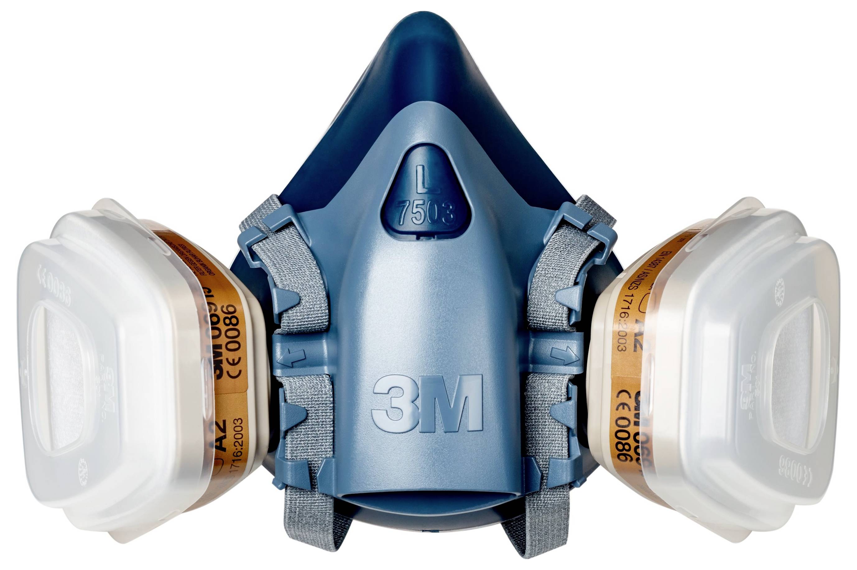 En blå och grå skyddande respiratoröversikt med dubbla filter märkta "3M", utformad för säkerhet i industriell eller farlig miljö.