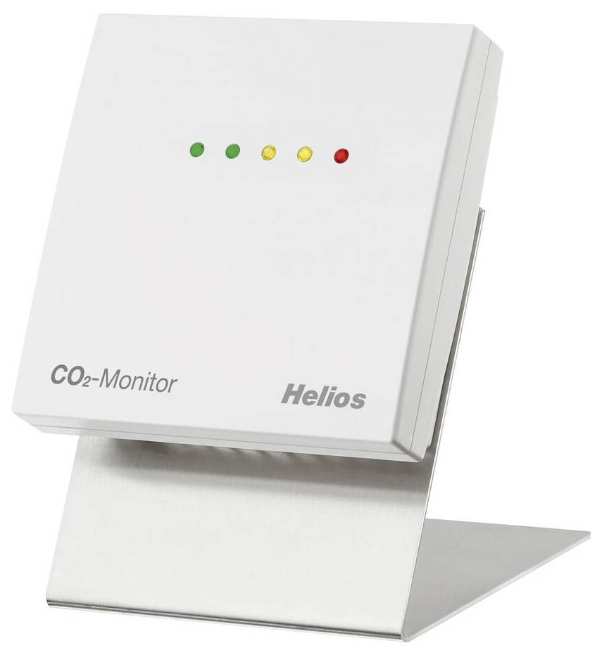 "CO₂-övervakare" på ett stativ med gröna, gula och röda indikatorljus, märkt "Helios".