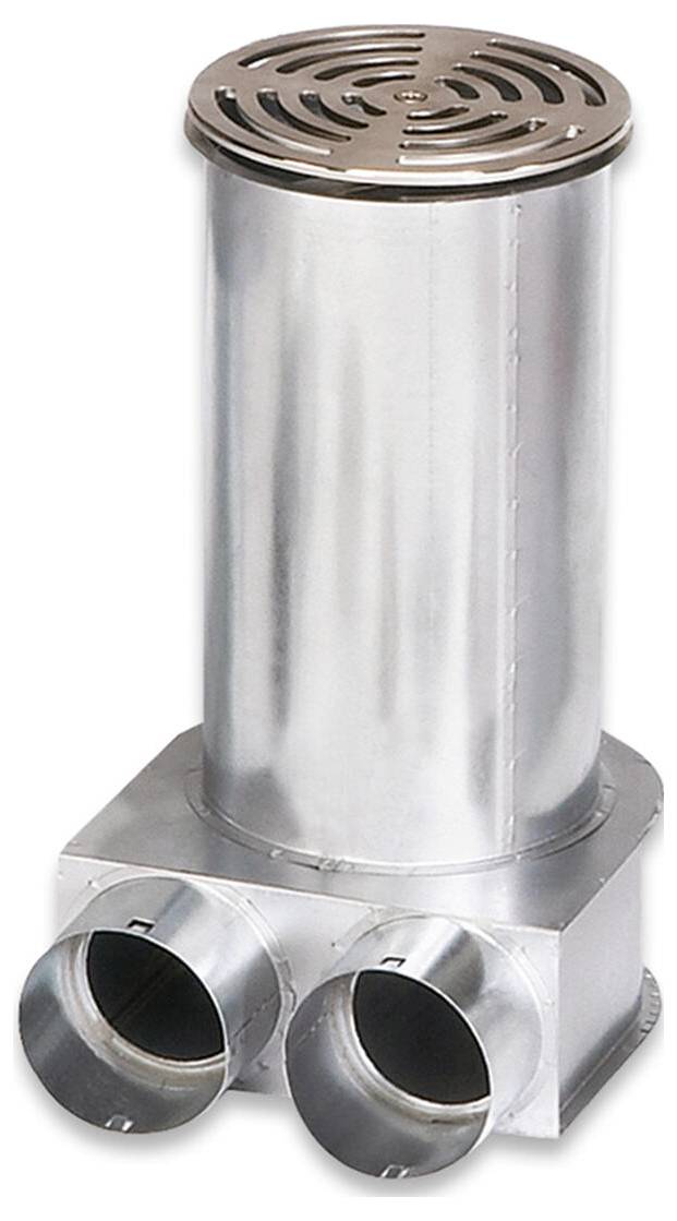 Metallisk industriell kanalanslutning med ett vertikalt cylindriskt lock och tre horisontella röranslutningar vid basen.