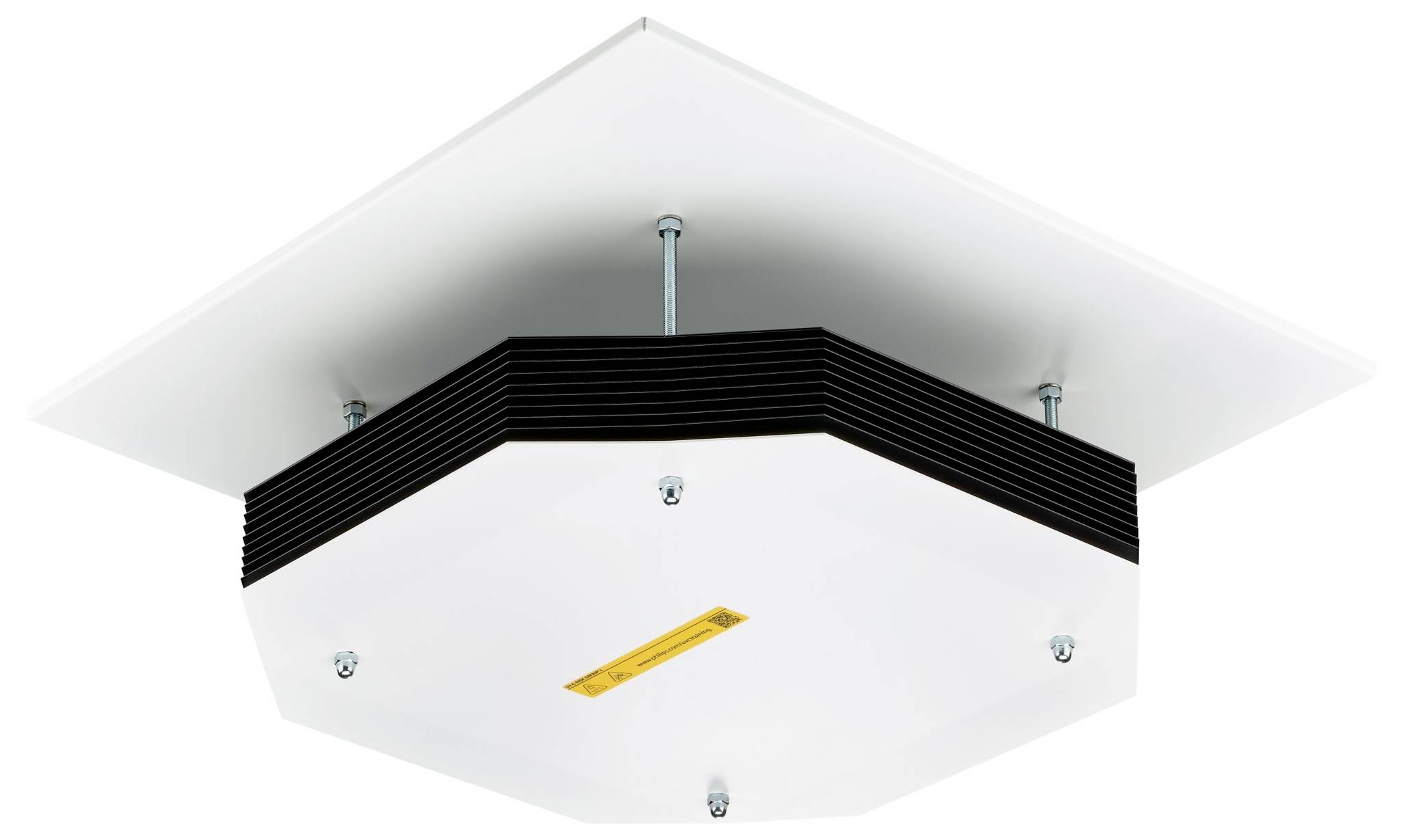 En vit sexkantig takögon med svarta accenter är monterad på en vit kakelplatta, säkrad med synliga skruvar.