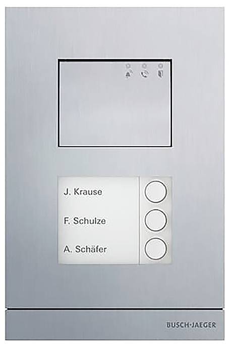 En intercomspegel med tre knappar märkta "J. Krause", "F. Schulze" och "A. Schäfer", monterade i en borstad metallram.