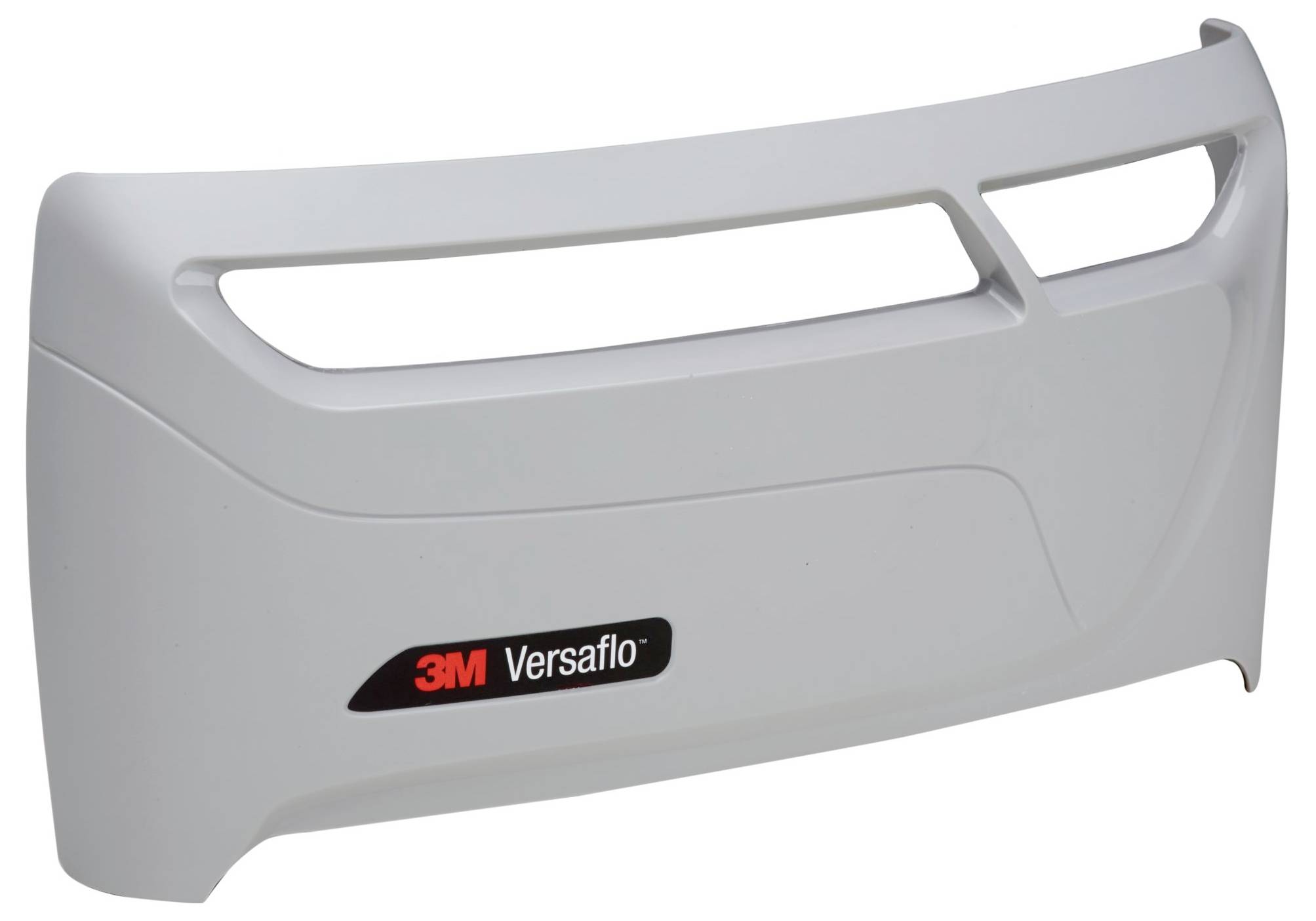 En vit skyddsvisiär märkt "3M Versaflo" med ergonomisk design och två öppningar högst upp för luftflöde.