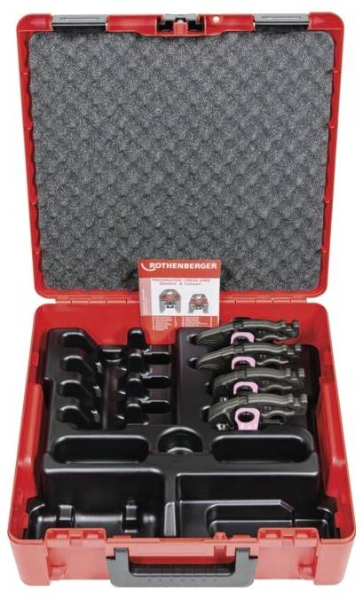 'ROTHENBERGER' röd plastverktygsväska öppen, som visar olika rörskärare och verktygsinfästningar noggrant organiserade inuti.