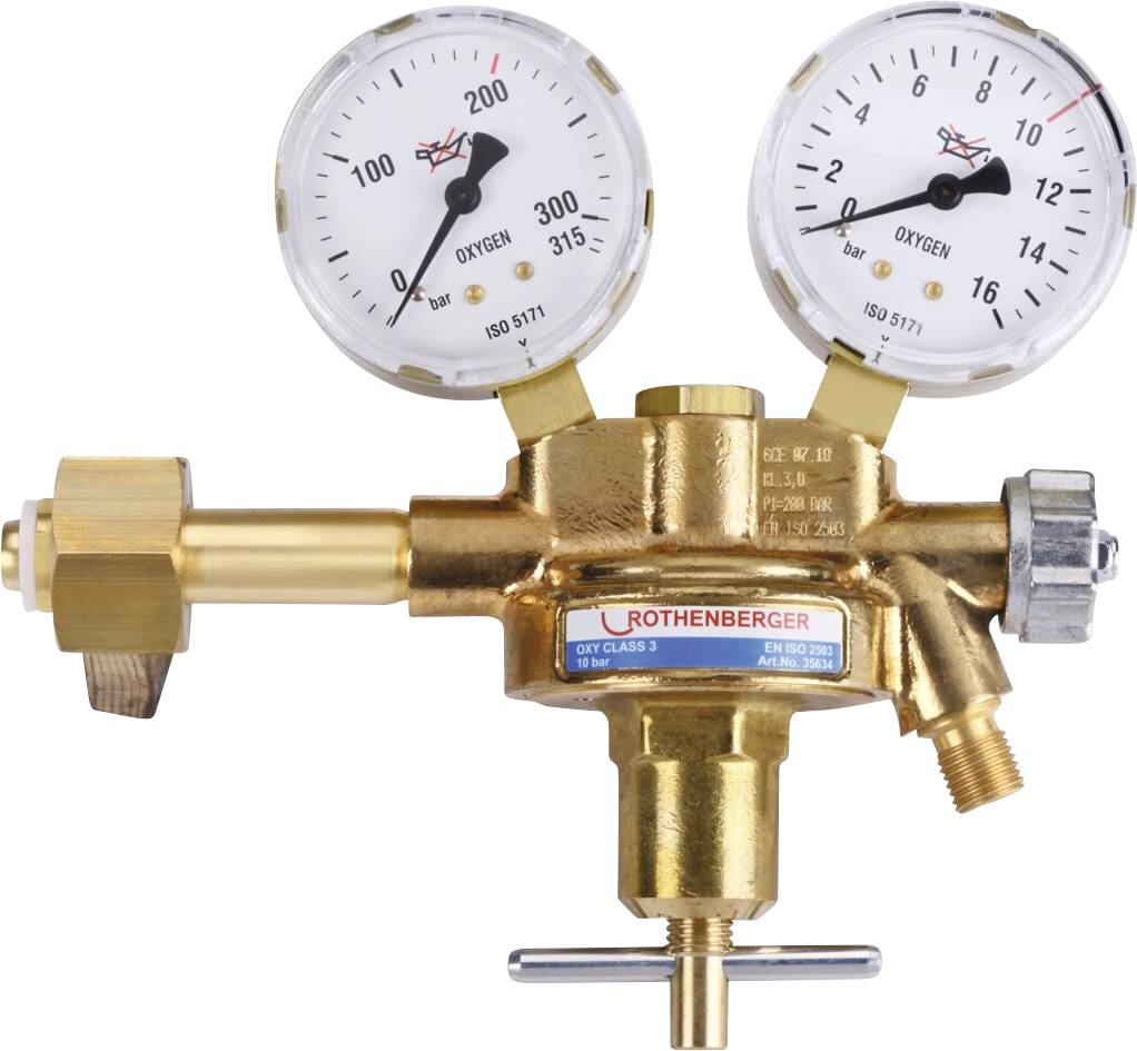 Syrgastrycksregulator med två mätare som visar tryckvärden i bar, ansluten till en mässingskoppling, märkt 'Rothenberger'.
