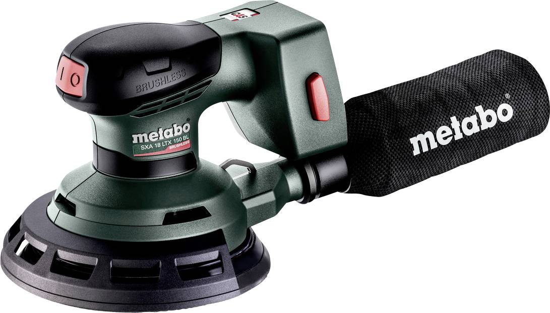 En Metabo batteridrivet slipmaskin med slumpmässig orbital rörelse med svart dammsäck och grön-svart kropp, visad på vit bakgrund.