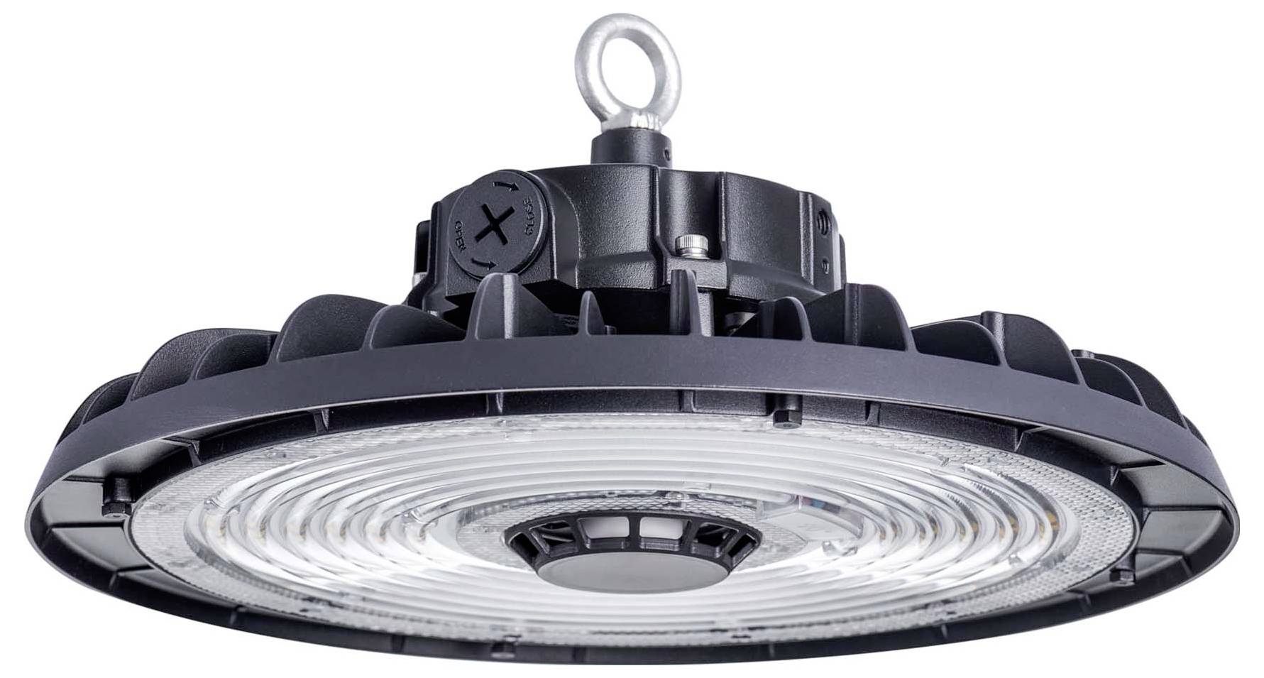 En rund industriell LED-högbayarmatur, visad från nedanför, som framhäver dess ribbad design och centrala fästekrok.