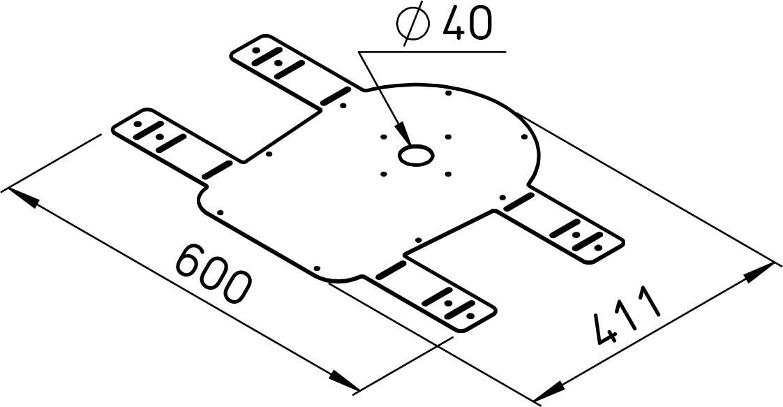 Teknisk ritning av en del med dimensioner: 600 mm x 411 mm totalt, mittenhål med diameter 40 mm och fyra monteringsflikar.