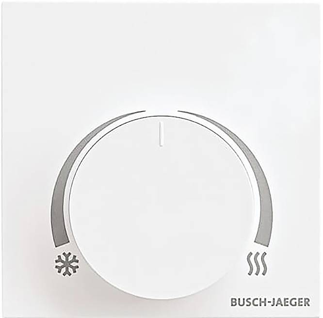 En vit termostatskiva med symboler för kyla (snöflinga) och värme (våglinjeer), tillverkad av Busch-Jaeger, som visar temperaturreglering.