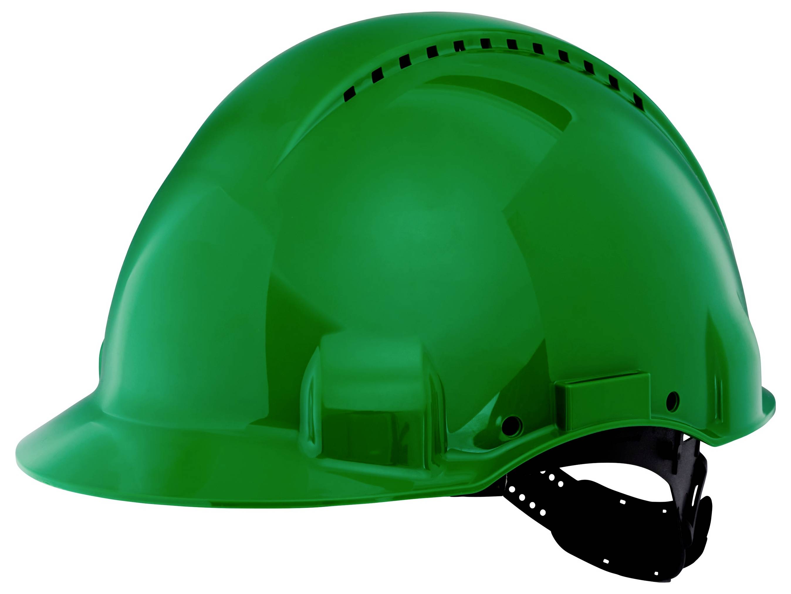 En grön svår hjälm med ventilationsöppningar, designad för säkerhet och huvudskydd i byggnads- eller industrimiljöer.