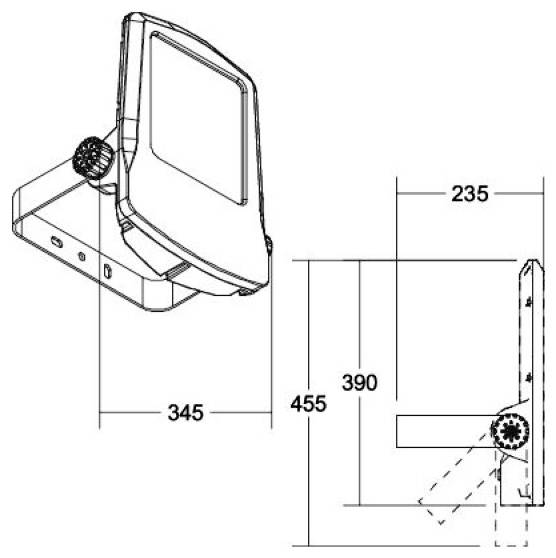 Dimensionerad teknisk ritning av ett vikbar skärmfäste, visar fram- och sidovyer med mått 345, 455, 390 och 235.