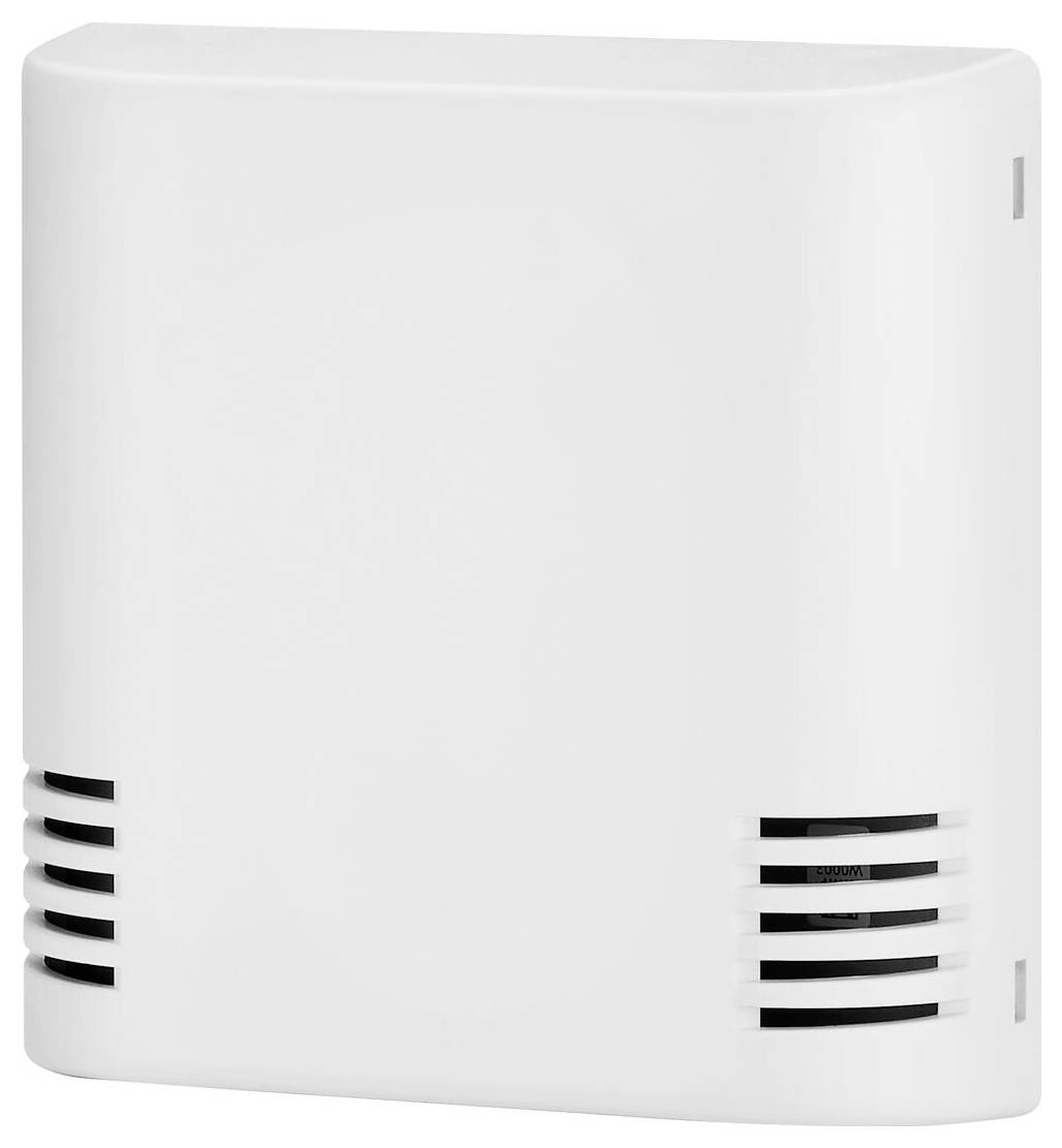 En vit rektangulär rökdetektor med ventilationsspringor på sidan, monterad på en vit vägg.
