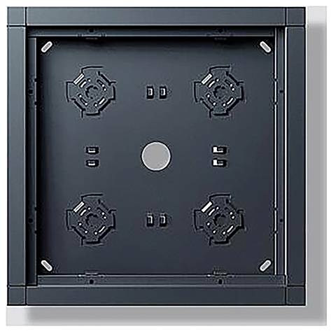En kvadratisk väggmonteringsfäste med fyra justerbara hållarplatser, utformad för att säkra elektroniska skärmar eller enheter i ett stabilt läge.