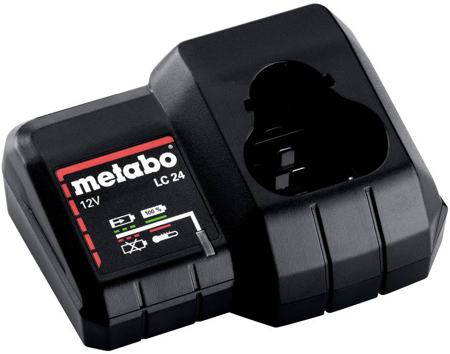 Svart Metabo LC 24 12V batteriladdare med bas, etikett och tom laddningsöppning.
