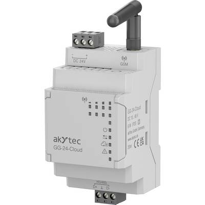 Digital enhet märkt 'akytec' med kontakter för DC 24V och GSM, antenn på toppen, avsedd för elektroniska tillämpningar och kommunikation.