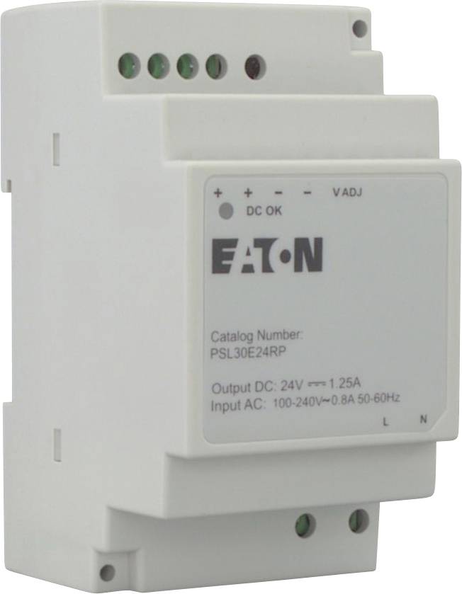EATON strömförsörjningsenhet med artikelnummer PSL30E24RP. Utgång: 24V DC vid 1,25A. Ingång: 100-240V AC, 0,8A, 50-60Hz.