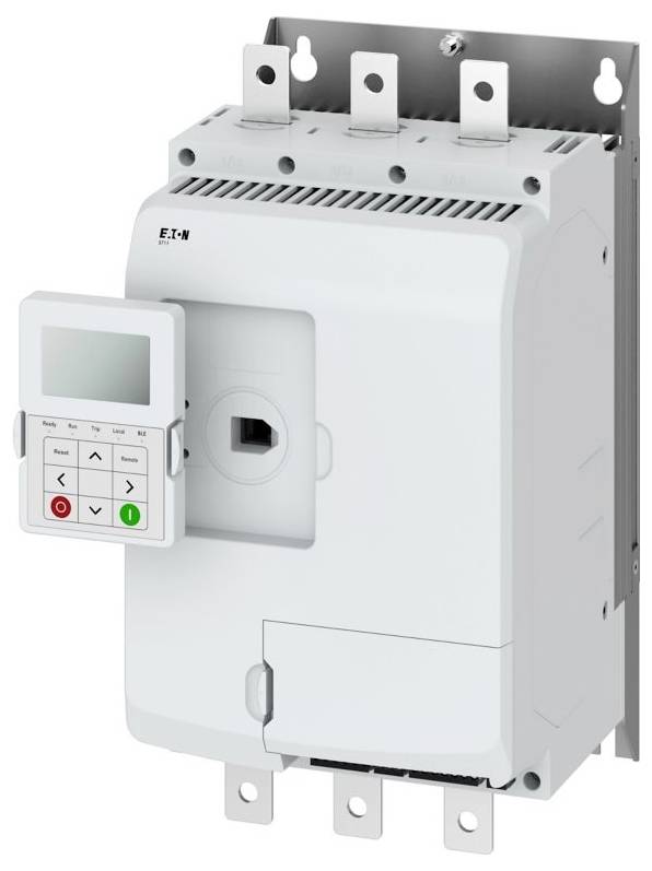 En elektronisk kretsbrytare med en digital kontrollpanel ansluten. Enheten har tre anslutningsportar överst och en monteringsfäste.