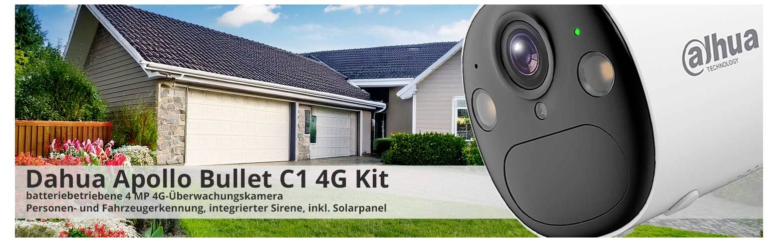 En hemsäkerhetskit-annons med en närbild av en kamera. Huset i bakgrunden har solpaneler. Produktnamn: Dahua Apollo Bullet C1 4G Kit.
