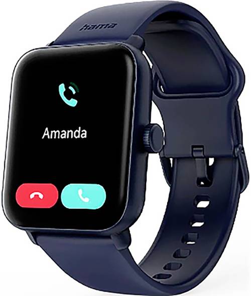 En smartwatch som visar ett inkommande samtal från 'Amanda', med röda och gröna knappar för att avvisa eller acceptera. Klockan har ett mörkblått armband.