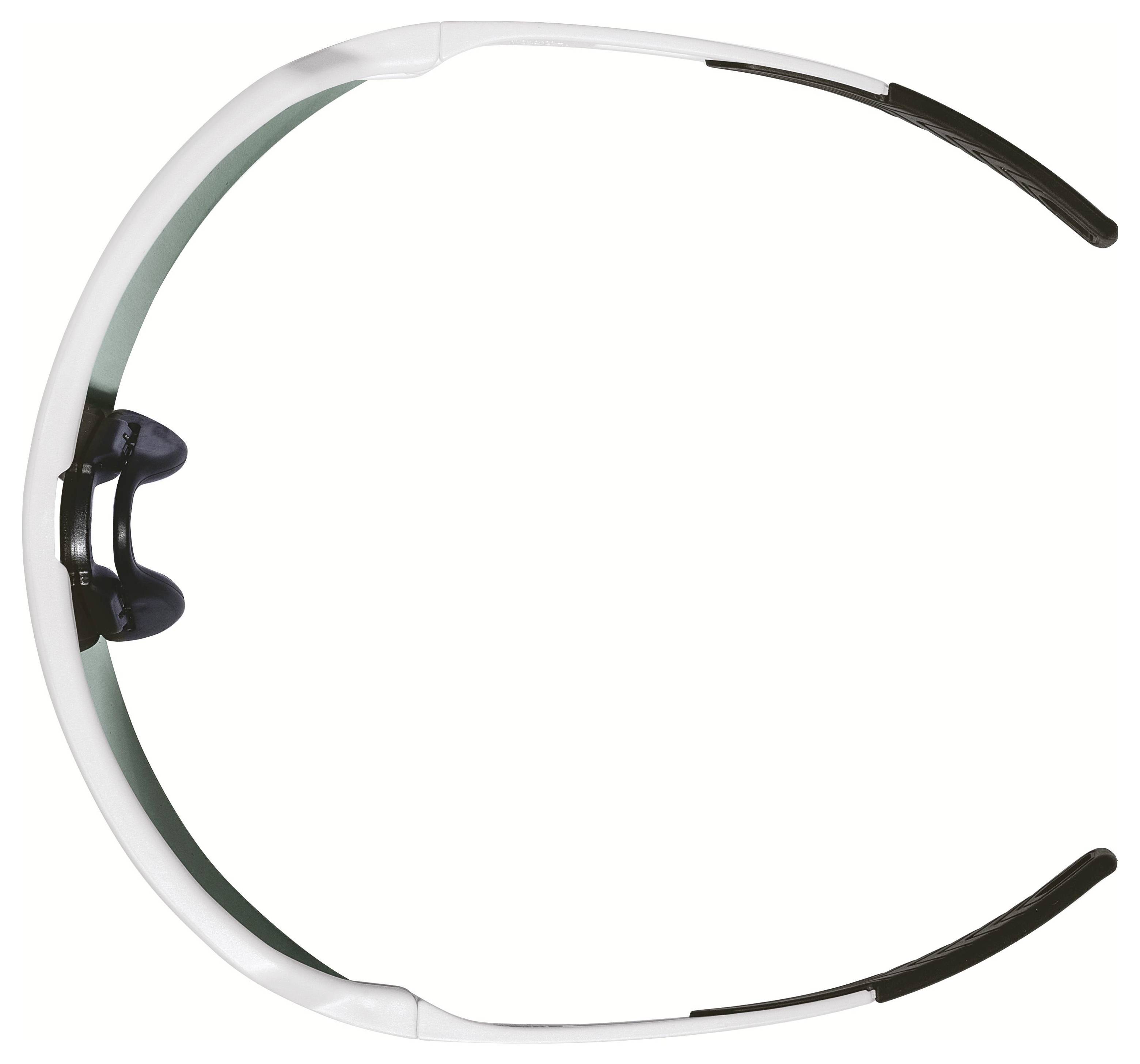 Vy ovanifrån av svarta och vita sportssolglasögon med böjd ram och gummerade näsställ, designade för utomhusaktiviteter eller cykling.