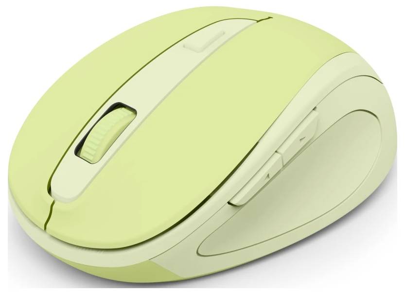 En ljusgrön trådlös datormus med sidoknappar och scrollhjul, designad för ergonomisk användning.