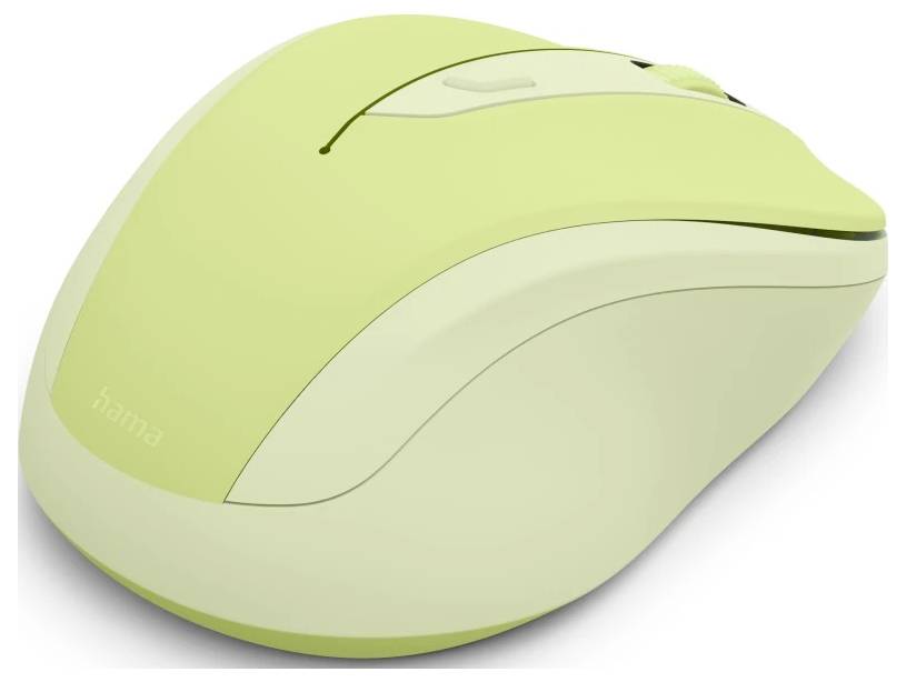 En ljusgrön trådlös datormus med två knappar och ett rullhjul.