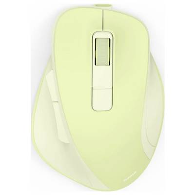 En ljusgrön datormus med scrollhjul och ergonomisk design, sedd ovanifrån.