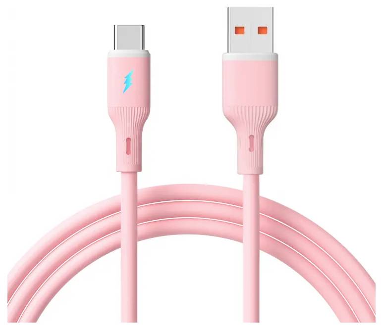 En rosa USB-C till USB-A-kabel med en blixtSymbol på USB-C-kontakten.