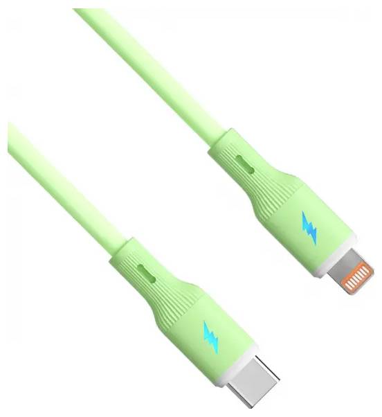 En grön laddningskabel med USB-C och Lightning-kontakter, utrustad med en blå blixtbult-ikon på vardera änden.