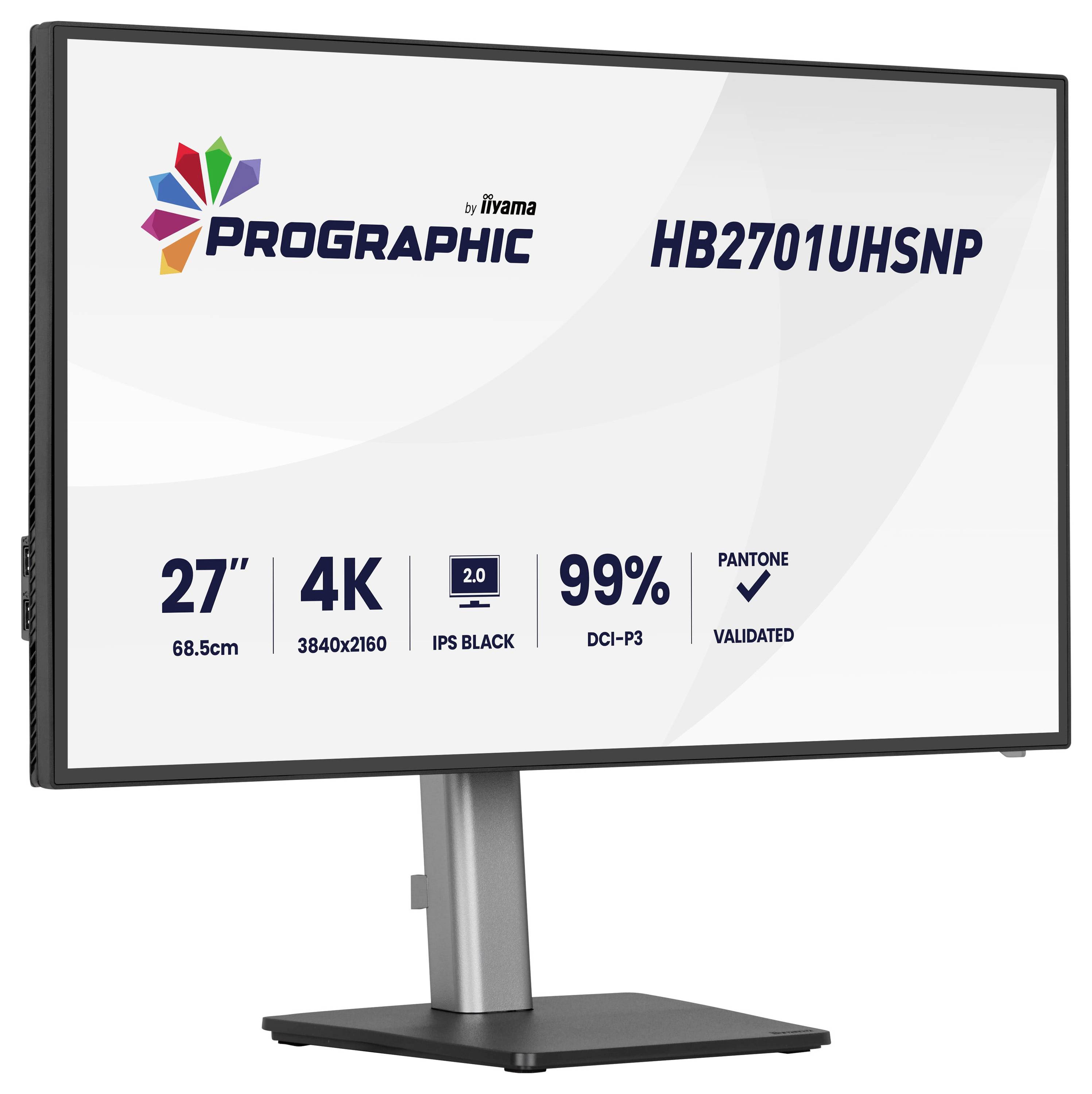 Iiyama ProLite HB2701UHSNP-skärm, 27 tum, 4K-upplösning, IPS-panel, täcker 99% DCI-P3-färgomfång, Pantone-validerad.