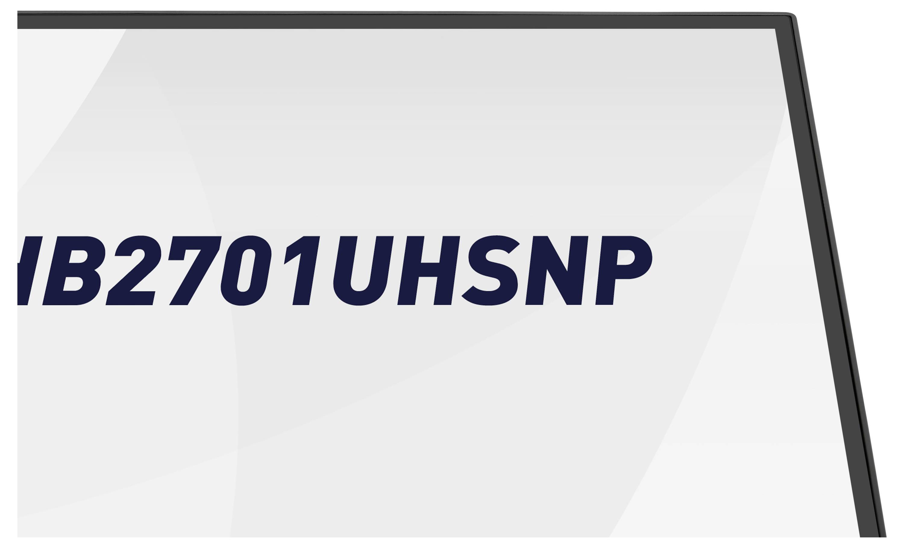 Bilden visar den delvis synliga baksidan av en skärm som visar texten "IB2701UHSNP" i fet, mörk text på en ljus bakgrund.