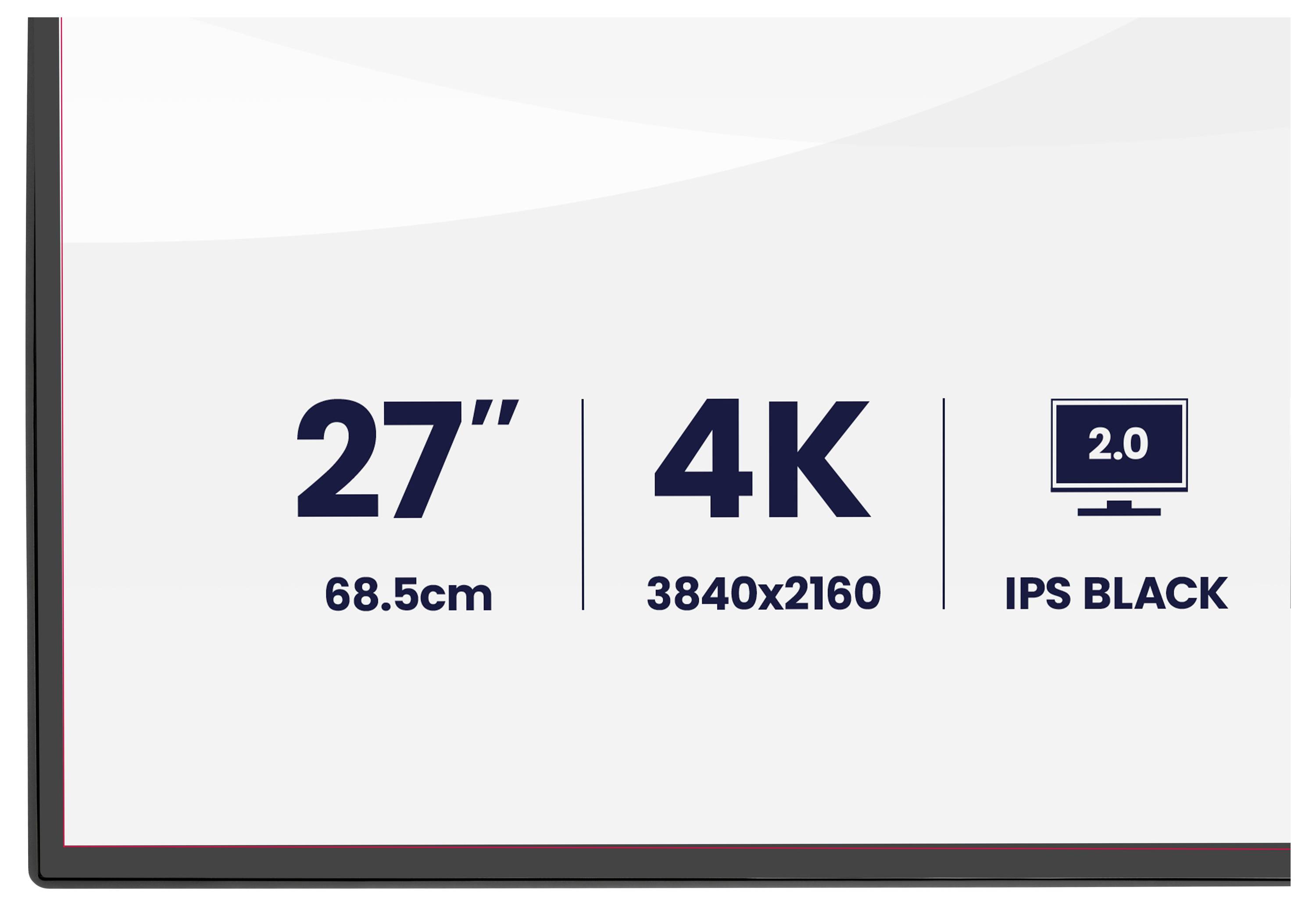 Bilden visar en 27-tums 4K-skärm med en upplösning på 3840x2160 och en IPS Black-skärm.
