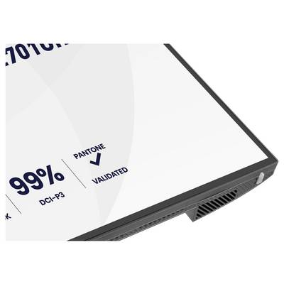 Överst på en skärm visas texten '99% DCI-P3' och 'PANTONE VALIDATED', vilket indikerar färgåtergivningsnoggrannhet och validering.
