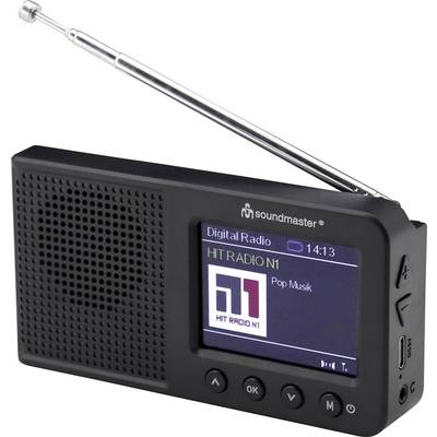 En svart bärbar radio med en liten skärm som visar 'HT RADIO N1' och 'Pop Musik'. Radion har knappar och en utdragen antenn.