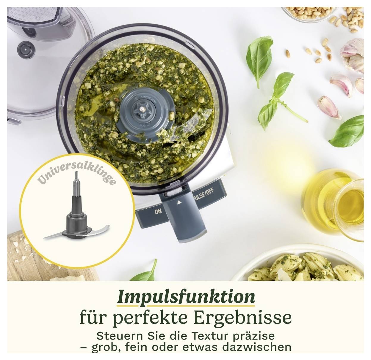 „Impulsfunktion för perfekta resultat" står över en bild av en köksmaskin med grön pesto. Bredvid visas ett universalblad.