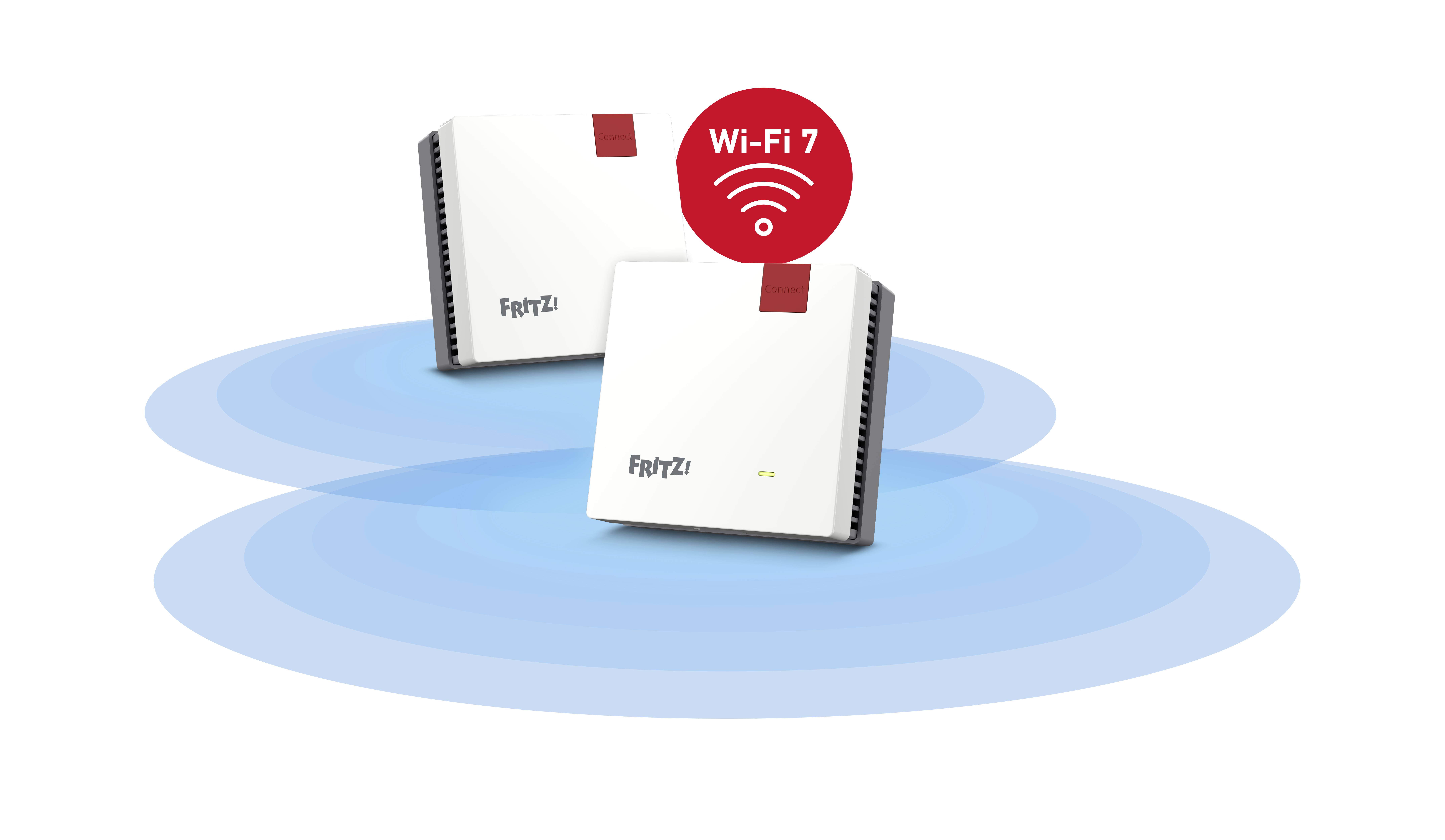 Två routrar märkta 'Fritz!Box' med en röd 'Wi-Fi 7'-ikon ovanför, vilket signalerar förbättrad trådlös teknologi.