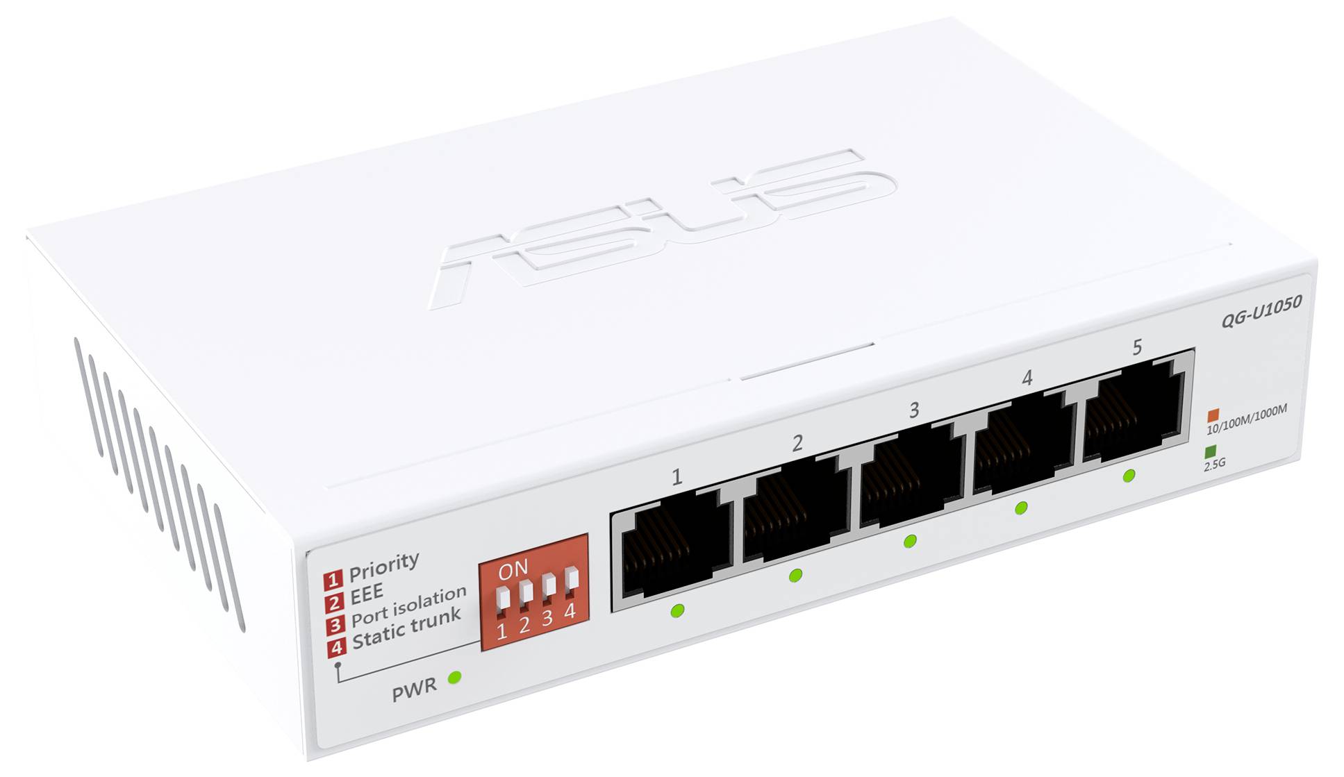 En vit nätverksswitch med fem Ethernetportar, märkta 1 till 5. LED-lampor under varje port indikerar anslutningsstatus. Varumärke på ovansidan.