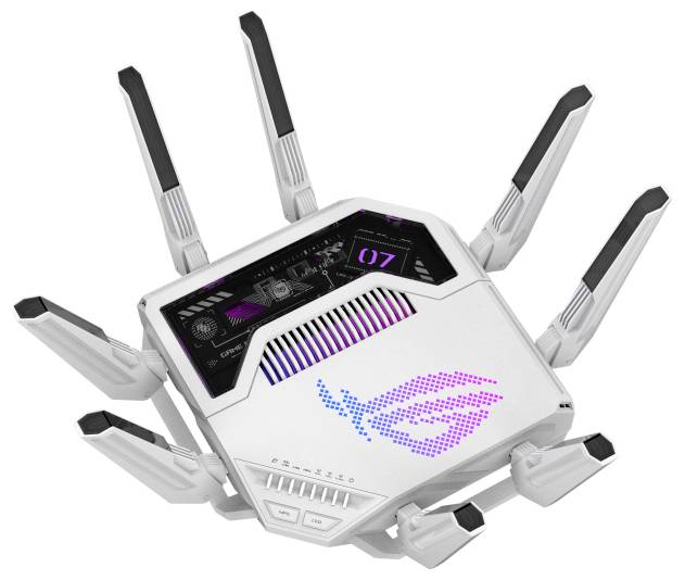 En vit, futuristisk router med åtta förlängda antenner och lila LED-lampor som liknar en robotisk spindel.
