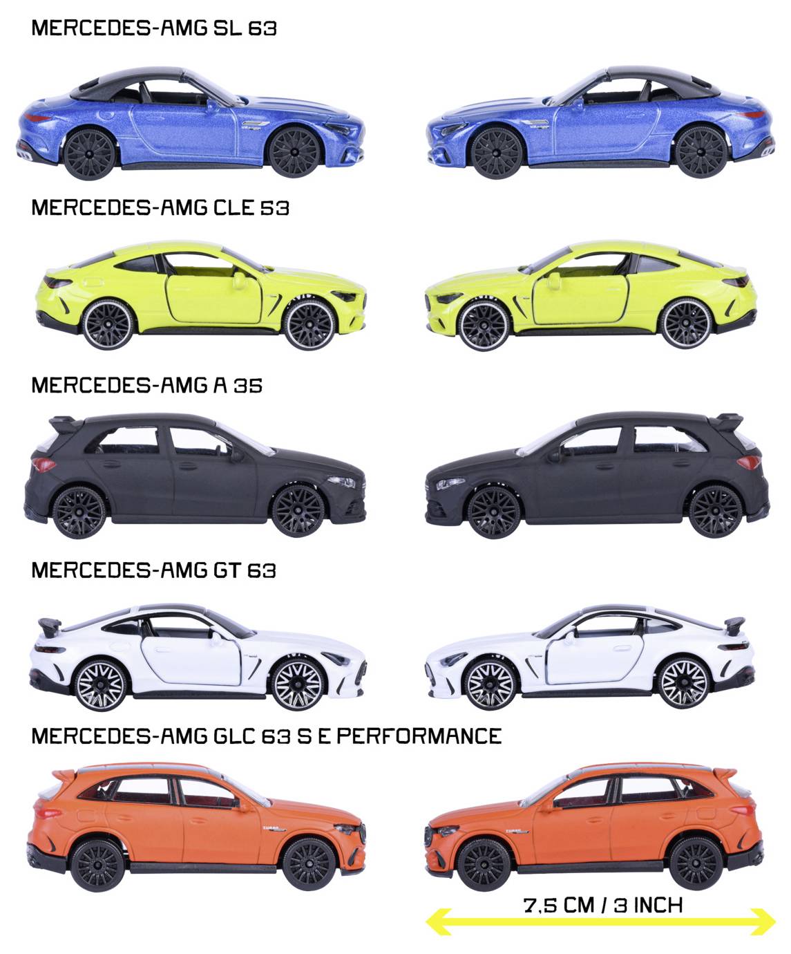 Modelbilar av Mercedes-AMG SL 63, GLE 63, A 35, GT 63 och GLC 63 S E Performance i olika färger, var och en ungefär 7,5 cm långa.