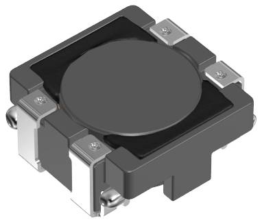 En svart och silver elektronisk komponent med en central cylindrisk detalj och vinkliga kanter, sannolikt använd i kretsmontage.