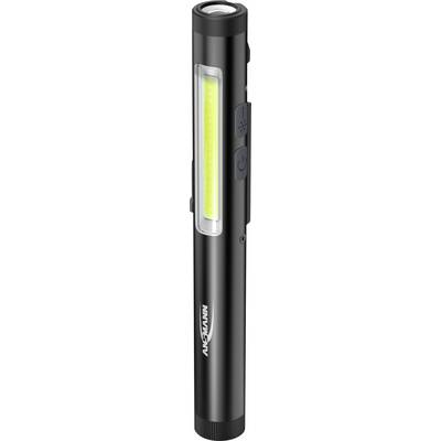 En svart LED-ficklampa med en smal, pennliknande design och två sidoknappar, utrustad med ett ljust gult ljusband längs dess sida.