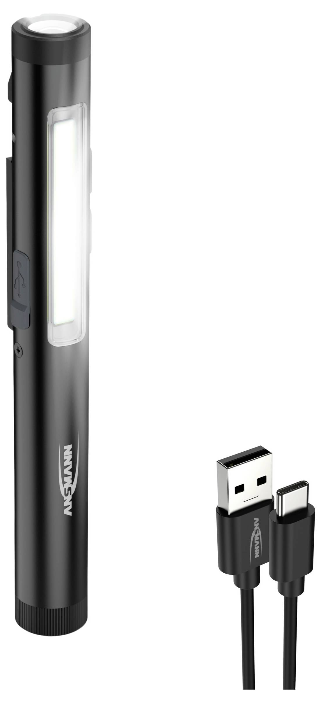En svart pennformad ficklampa med en LED-remsa på sidan och en USB-C-laddningskabel.