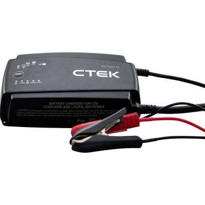 Batteriladdare för 12V bly-syra och LiFePO₄ batterier med medföljande klämmar, med visning av lägesval och laddningsindikatorer.